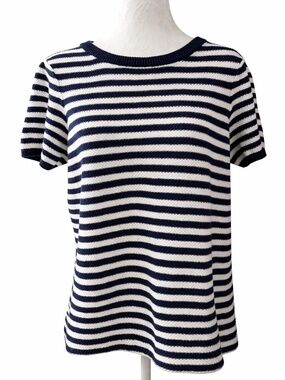 Tommy Bahama Striped Knit Sweater Top Medium Navy White Short Sleeve Coastal